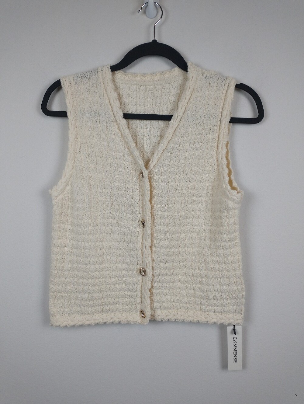 NEW Commense Sweater Vest Medium Cream Seashell Button V Neck Beach